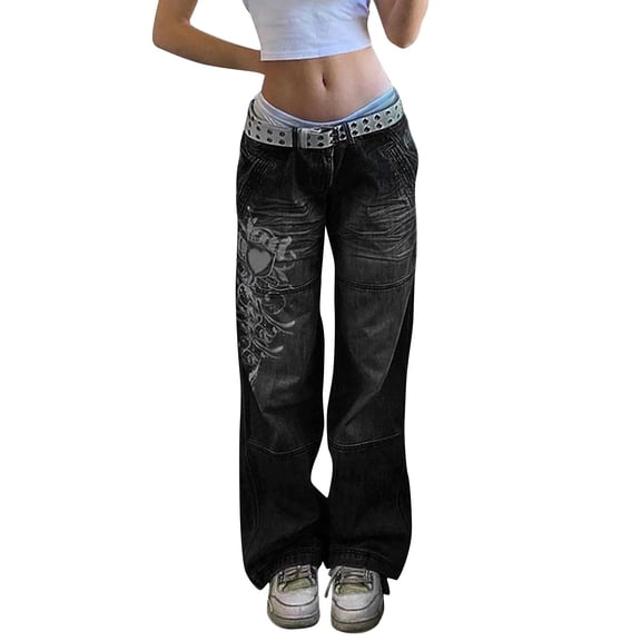 Byworldtasic Womens Y2K Jeans Women's Low Rise Heart Pattern Baggy Jeans Washed Wide Leg Denim Cargo Pants Y2k Streetwear