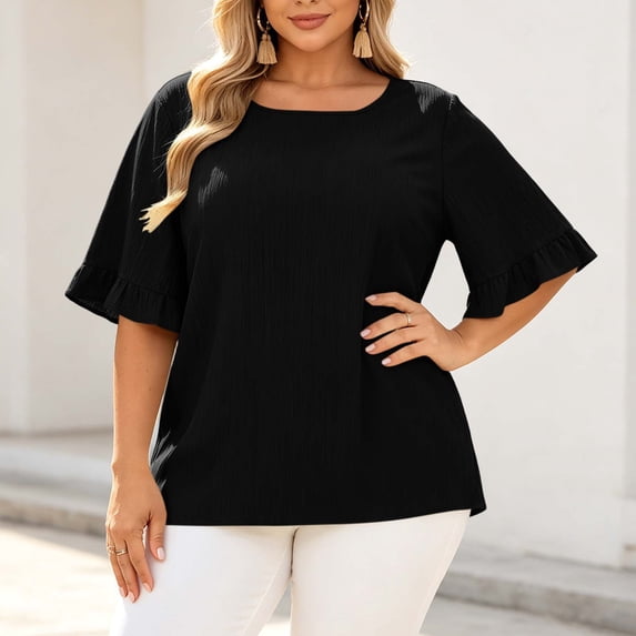 ByworldtasicNo Boundaries Plus Size Blouses for Women Pleated Casual Short Sleeve Round Neck Shirts Dressy Loose Tops