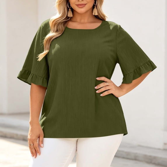ByworldtasicNo Boundaries Plus Size Blouses for Women Pleated Casual Short Sleeve Round Neck Shirts Dressy Loose Tops