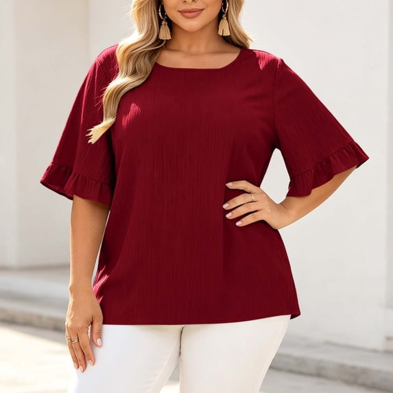 ByworldtasicNo Boundaries Plus Size Blouses for Women Pleated Casual Short Sleeve Round Neck Shirts Dressy Loose Tops