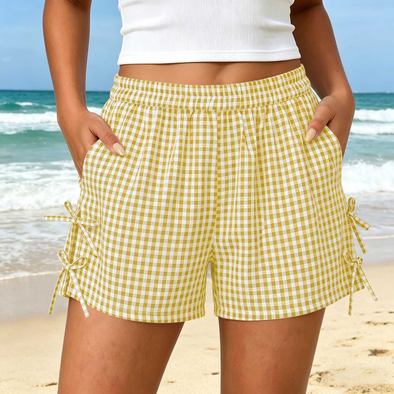 ByworldtasicNo Boundaries Women's Gingham Plaid Shorts Bow Tie