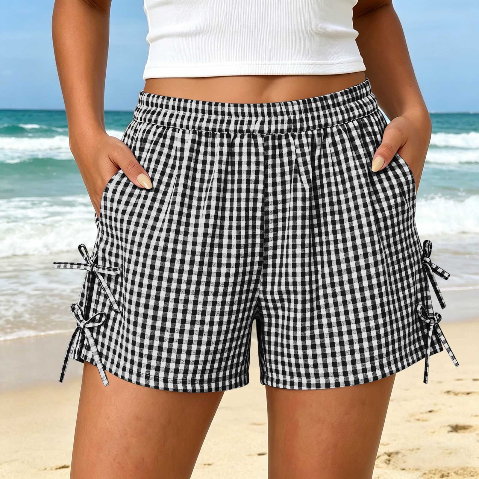 ByworldtasicNo Boundaries Women's Gingham Plaid Shorts Bow Tie
