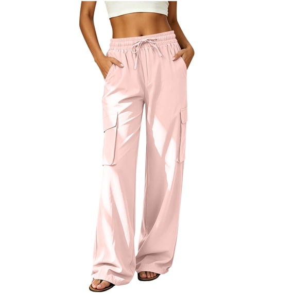 ByworldtasicNo Boundaries Women's High Waist Wide Leg Cargo Pants, Drawstring Flowy Casual Trousers with Pockets for Hiking Work