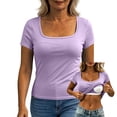thumbnail image 1 of ByworldtasicNo Boundaries Womens Built-in Bra T Shirt Short Sleeve Square Neck Basic Tees Casual Ribbed Knit Fitted Tops, 1 of 8