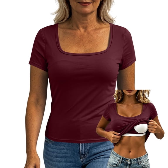 ByworldtasicNo Boundaries Womens Built-in Bra T Shirt Short Sleeve Square Neck Basic Tees Casual Ribbed Knit Fitted Tops