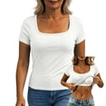 thumbnail image 1 of ByworldtasicNo Boundaries Womens Built-in Bra T Shirt Short Sleeve Square Neck Basic Tees Casual Ribbed Knit Fitted Tops, 1 of 8