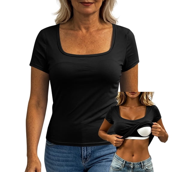 ByworldtasicNo Boundaries Womens Built-in Bra T Shirt Short Sleeve Square Neck Basic Tees Casual Ribbed Knit Fitted Tops