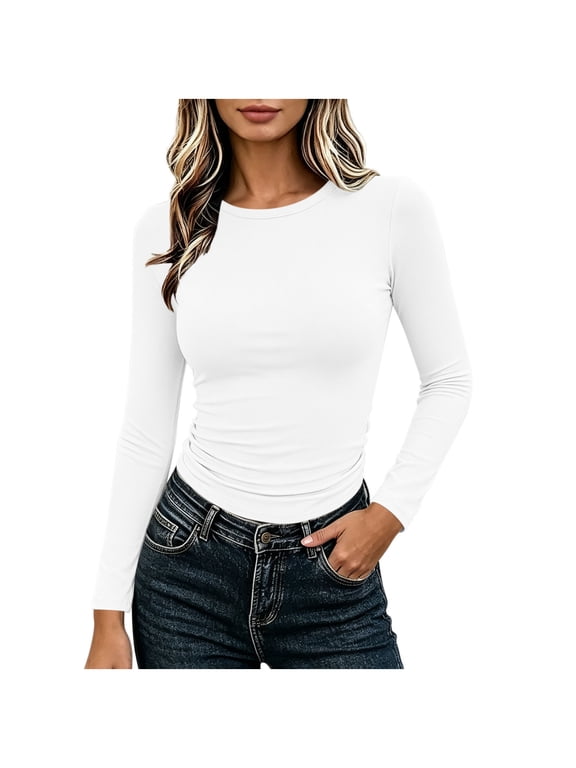 No Boundaries Womens Crew Neck Long Sleeve Shirts Fitted Going Out Tops Crop Basic Tee Casual Trendy Top