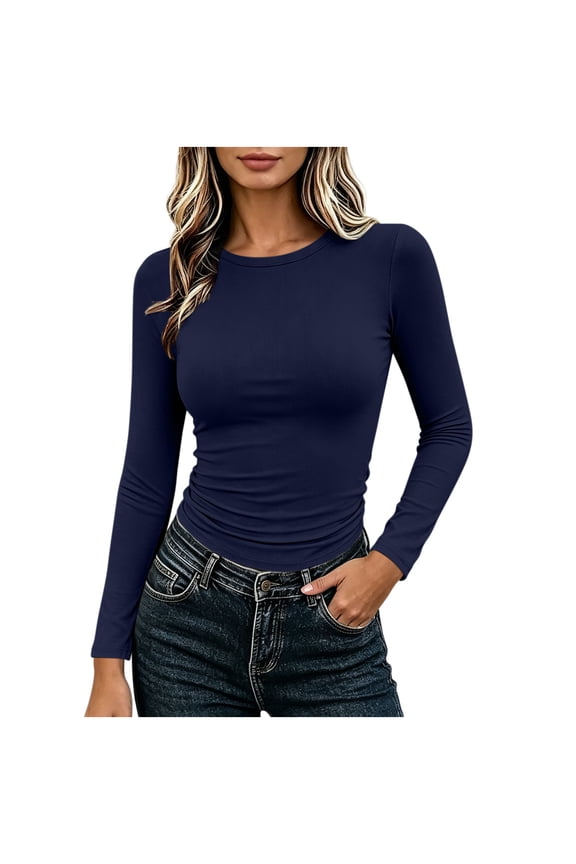 No Boundaries Womens Ribbed Crew Neck Long Sleeve Shirts Fitted Going Out Tops Crop Basic Tee Casual Trendy Top