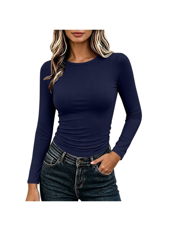 No Boundaries Womens Ribbed Crew Neck Long Sleeve Shirts Fitted Going Out Tops Crop Basic Tee Casual Trendy Top