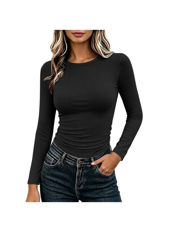 No Boundaries Womens Crew Neck Long Sleeve Shirts Fitted Going Out Tops Crop Basic Tee Casual Trendy Top