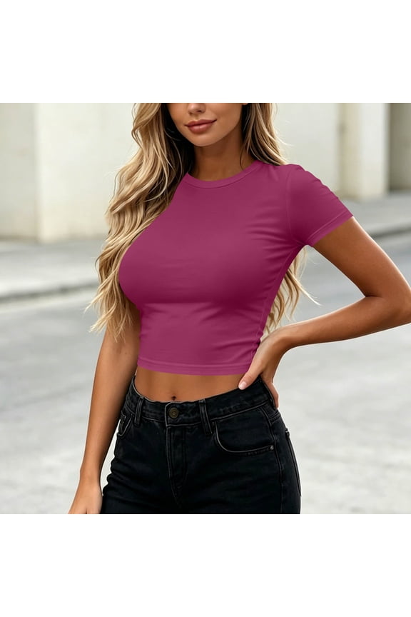 No Boundaries Womens Short Sleeve Crop Top Crew Neck Y2K Shirt Sexy Slim Fitted Casual Base Layer Soft Shirt Going Out Tops