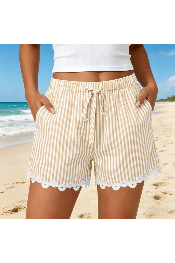 No Boundaries Womens Stripes Shorts Summer Casual Loose Elastic Waist Drawstring Lace Boho Beach Cover Up Shorts