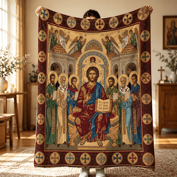Byzantine Christ Saints Flannel Blanket, Orthodox Angel Icon Throw ...