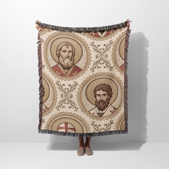 Byzantine Saints Repeated Pattern Religious Art Woven Throw Blanket, 100% Cotton, Fringed Edges
