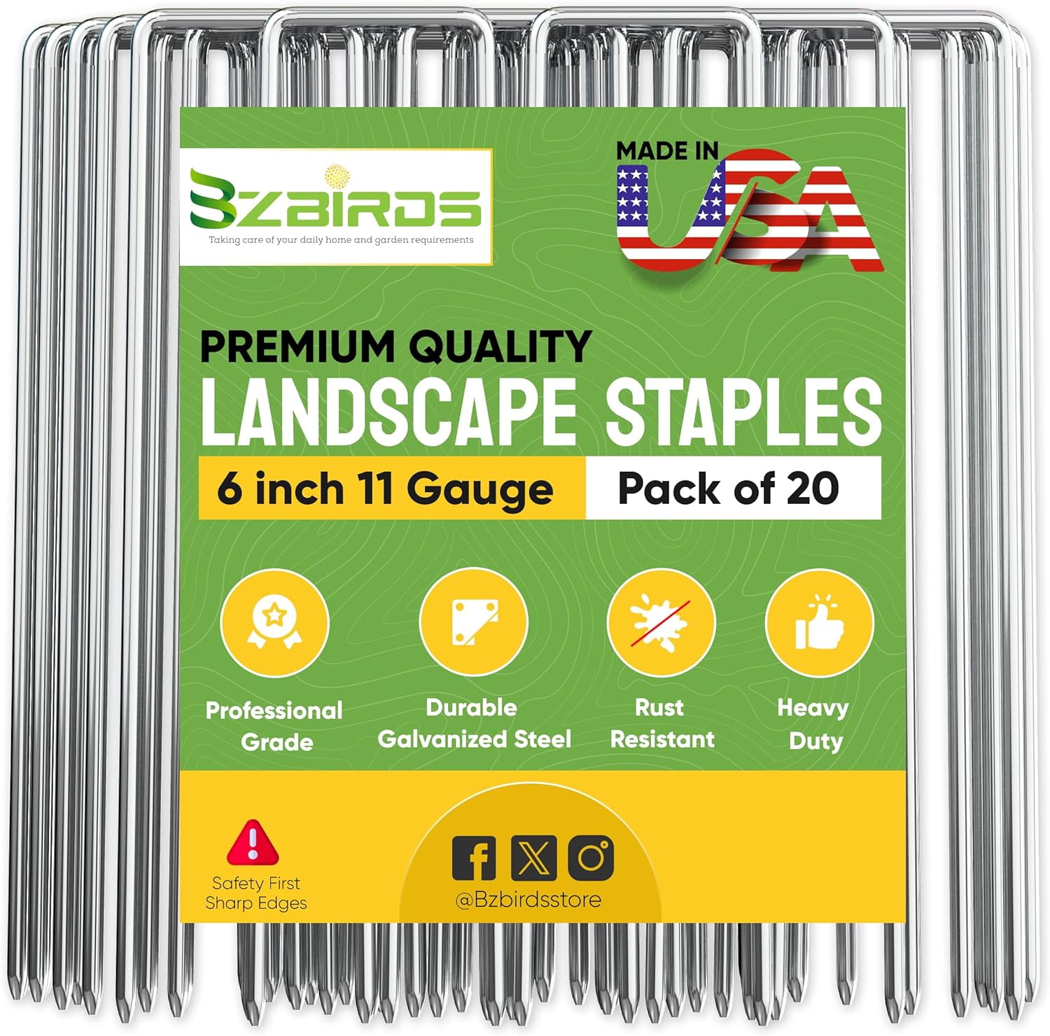 BzBirds USA Made Landscape Staples 6 inch 11 Gauge Garden Stakes