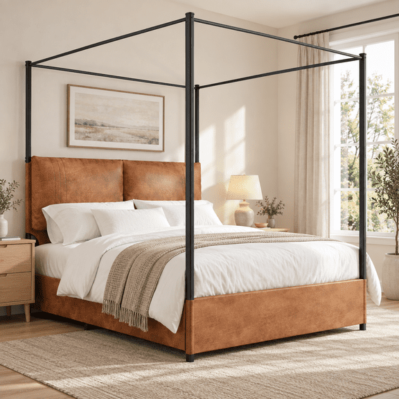 Bzbbzc King Canopy Bed Frame with Tall Upholstered Headboard, 4-Poster Metal Platform Bed with Side Storage Pockets, No Box Spring Needed, Brown