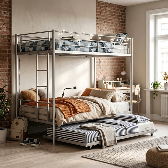 Bzbbzc Triple Bunk Bed Twin over Twin with Trundle, Heavy Duty Metal Frame, Ladder & Guardrail, 3-in-1 Convertible, Space Saving, Noise Free, Silver