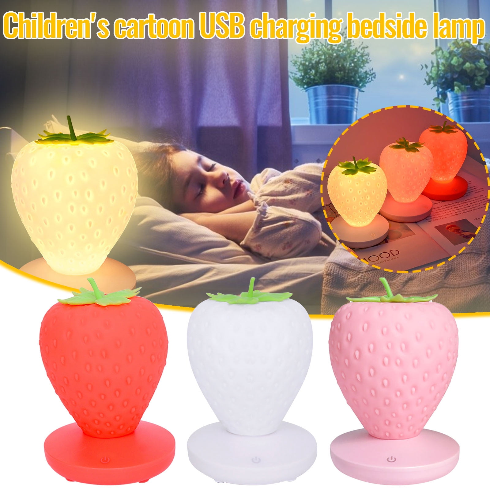 Bzdzmqm 2Pcs Strawberry LED Night Light USB Rechargeable Touch Lamp, Cute Cartoon Bedside Table Lamp, Eye Protection Atmosphere Light forKidsRoom Decor, Christmas Birthday Party Gift, Furniture