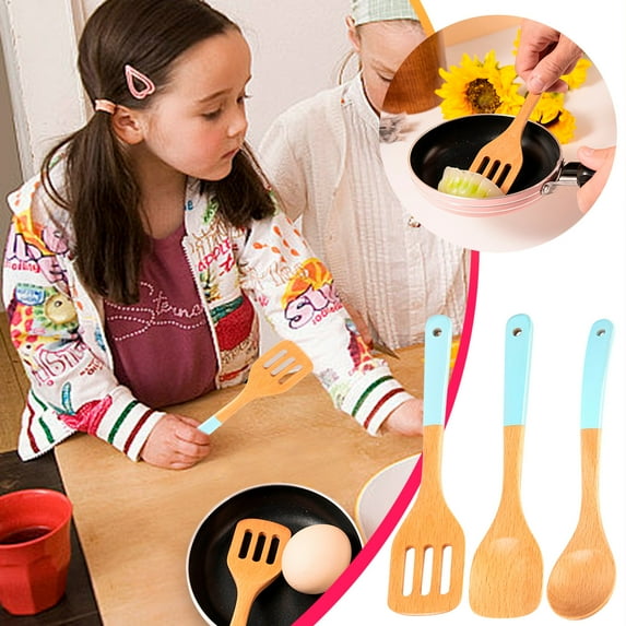 Bzdzmqm under $5 3Pcs Wooden Kitchen Utensils, KidsKitchenware Set Beech Wood, Solid WoodChildren'sCooking Utensils, Safe Non-Toxic Wooden Spatula, Educational Play Food Tools, Mini Chef Cooking Set