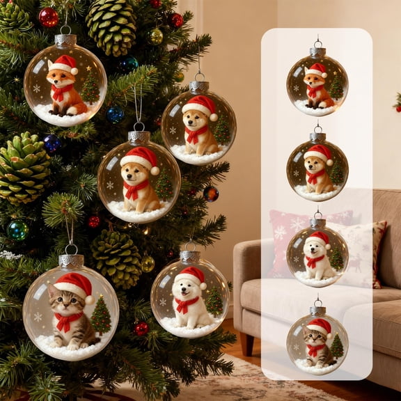 Bzdzmqm under $5 4Pcs Small Animals Spherical Ornament, Christmas Crystal Ball Decoration with Miniature Forest Animals, Transparent 3D Ornament for Tree Hanging