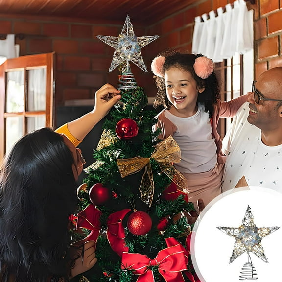 Bzdzmqm under $5 Christmas Tree Top Star, Christmas Tree Top Star Decoration with Lights, Iron Five Pointed Star Tree Topper, LED Illuminated Tree Top Ornament, Golden Silver Multicolor Star