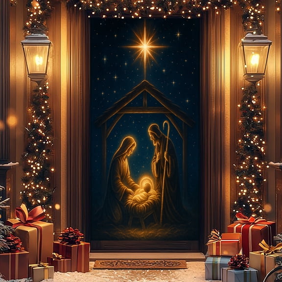 Bzdzmqm under $5 Holiday Door Cover, Xmas Door Cover Curtain with Christmas Scene, Holiday Background Decor for Home, Christmas Party Photo Background, Festival Decoration, Seasonal Home Decor