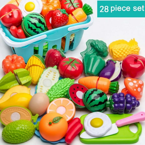 Bzdzmqm Children'sKitchen PlaysetToy, 28-Piece Food Cutting Set,ToyShopping Cart Vegetable Fruit Slicer, InteractiveToddlerLearningToy, Educational Role Play Gift forKidsBoysGirls
