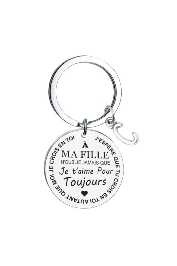 French To My Daughter Keychain DIY Stainless Steel Personalized Gift, 26 Letter Last Name Key Ring, 3x3cm Engraved Pendant for Daughter Mom Women, Unique Keepsake Present Birthday Christmas