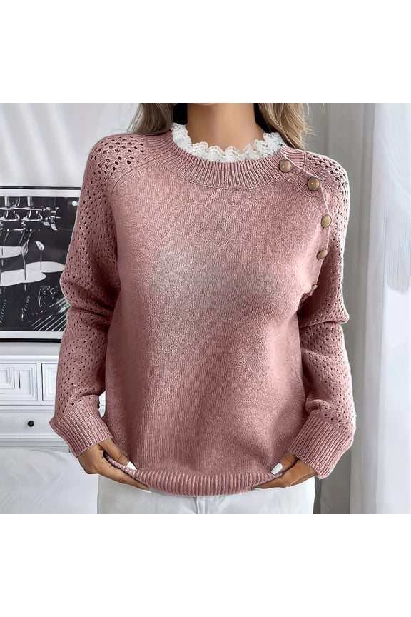 Knit Pullover Sweaters for Women Crew Neck Long Sleeve Pointelle Raglan Sleeves Lace Trim Neckline Button Accent Comfy Fall Winter Work Office Daily Wear, Pink S