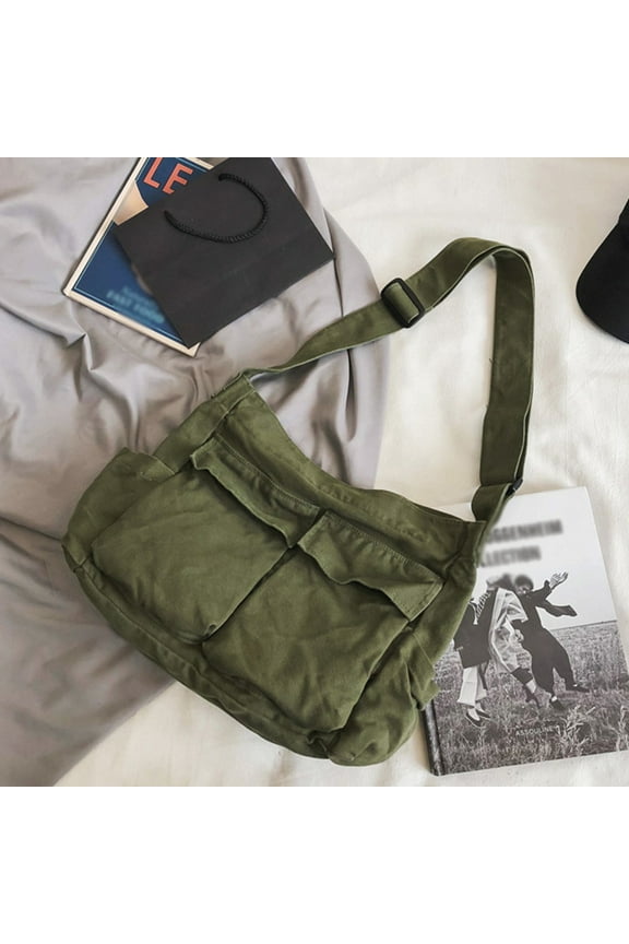 Large Crossbody Bag for Women Men, Ins Travel Purse with Water Bottle Holder, Multiple Compartments Organizer, Durable Canvas Messenger Bag for Hiking Work Study, Everyday Carry On Bag