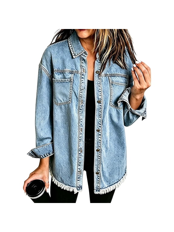 Button Down Oversized Distressed Boyfriend Jean Jacket for Women Long Sleeve Casual Loose Fit Trendy Fall Winter Outerwear, Blue S