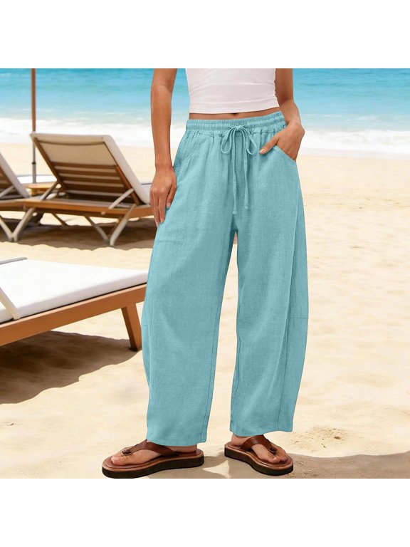 Plus Size Wide Leg Pants for Women Elastic Waist Trousers with Pockets Solid Casual Beach Vacation Loose Long Pants, Mint Green S