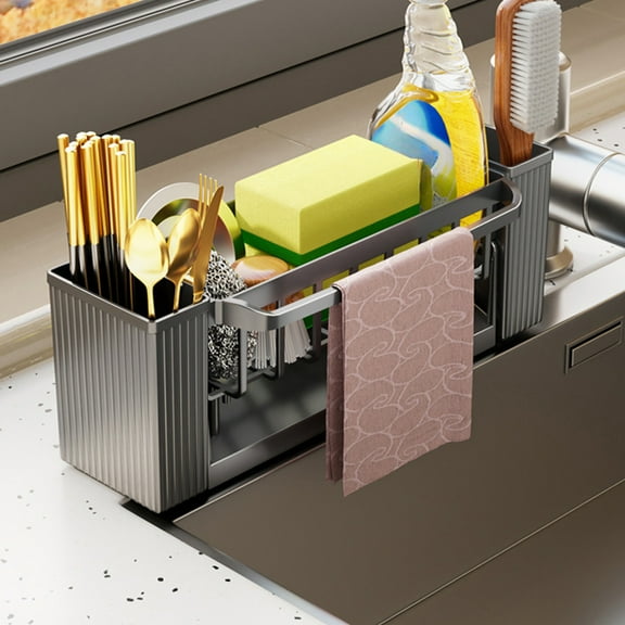 Bzdzmqm Sponge Holder Kitchen Sink Organizer, Auto-Draining Sink Caddy for Sponge and Brush, Durable Plastic Soap Dispenser Tray, Countertop Sponge Drying Rack, Sink Edge Sponge Organizer, Kitchen