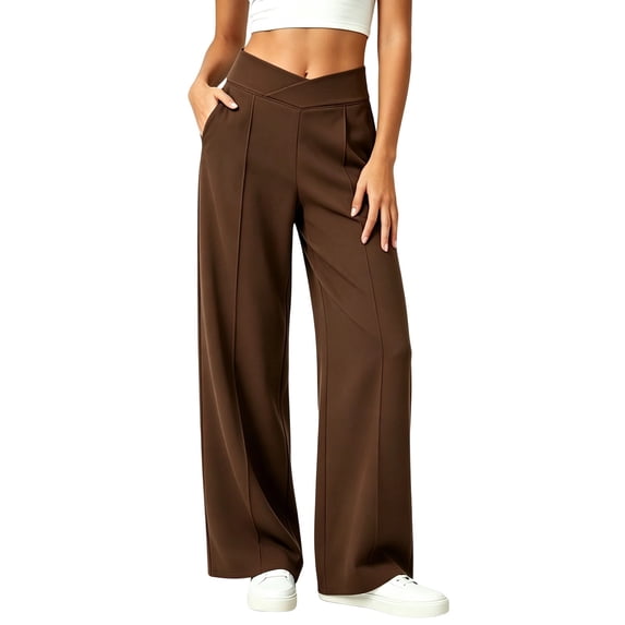 Bzdzmqm Wide Leg Pants for Women High Waisted Flowy Palazzo with Pockets Elastic Waist Trousers Summer Beach Vacation Clothes, Coffee XL