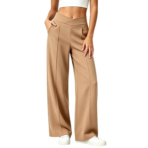 Bzdzmqm Wide Leg Pants for Women High Waisted Flowy Palazzo with Pockets Elastic Waist Trousers Summer Beach Vacation Clothes, Khaki 2XL