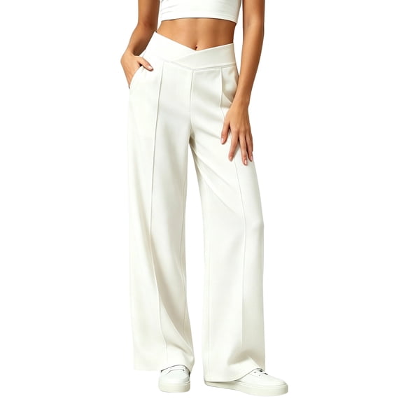 Bzdzmqm Wide Leg Pants for Women High Waisted Flowy Palazzo with Pockets Elastic Waist Trousers Summer Beach Vacation Clothes, White S