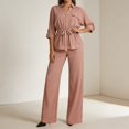 thumbnail image 1 of Bzdzmqm Women 2 Piece Outfits Casual Collared Shirt Top High Waisted Wide Leg Pants Lounge Set with Spring Summer, Red S, 1 of 5