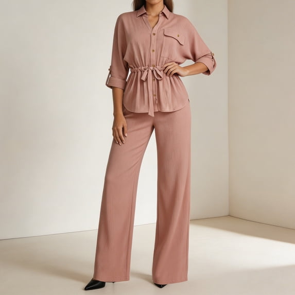 Bzdzmqm Women 2 Piece Outfits Casual Collared Shirt Top High Waisted Wide Leg Pants Lounge Set with Spring Summer, Red S