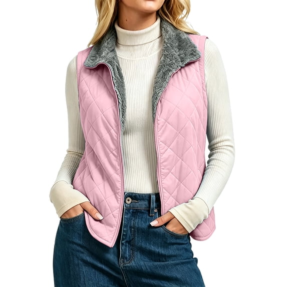 Bzdzmqm Women Collared Sleeveless Warm Fall Winter Solid Casual Basic Vest Pullover Sweater for Business Work Office Wear Layering Outfit, Pink L