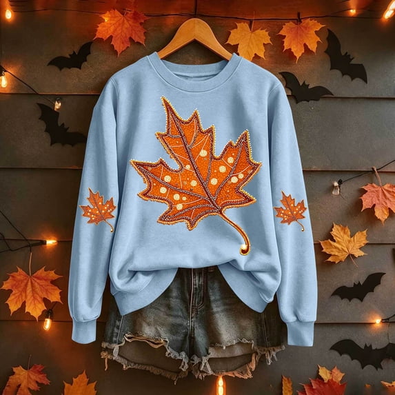 Bzdzmqm Women Fall Round Neck Long Sleeve Embroidered Sequins Pullover Tops Trendy Casual Blouses Soft Comfortable Knitwear for Daily Wear Office Party Outfits, Light Blue L