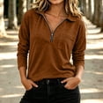 thumbnail image 1 of Bzdzmqm Women Fall Winter Collared Long Sleeve Zip Pullover Tops Basic Casual Loose Tshirt Solid Cozy Comfortable Everyday Layering Piece for Work Daily Wear, Coffee L, 1 of 6