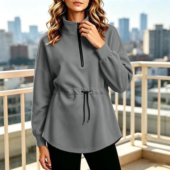 Bzdzmqm Women Fall Winter Fleece Sweatshirts Long Sleeve Zipper Drawstring Pullover Tops Cozy Warm Basic Solid Cardigan Casual Outfits for Work Travel Daily Wear, Gray XL
