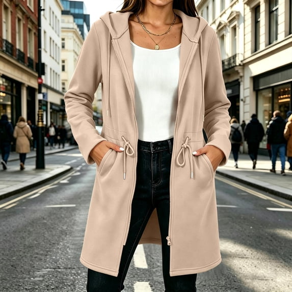 Bzdzmqm Women Fall Winter Hooded Jacket Long Sleeve Zip Up Shacket Warm Casual Basic Coat Cozy Cover Up Outwear for Daily Wear Outdoor, Beige XL