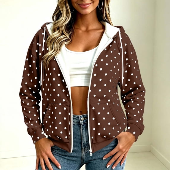 Bzdzmqm Women Fall Winter Hooded Zip Polka Dot Shacket Casual Loose Outwear Long Sleeve Fuzzy Jacket for Trendy Streetwear, Brown S