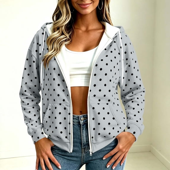 Bzdzmqm Women Fall Winter Hooded Zip Polka Dot Shacket Casual Loose Outwear Long Sleeve Fuzzy Jacket for Trendy Streetwear, Gray XL