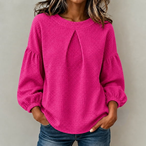 Bzdzmqm Women Fall Winter Round Neck Long Sleeve Ruffle Blouse Casual Pullover Tops for Ladies Tunic Sweater Dressy Work Office Outfits, Hot Pink S
