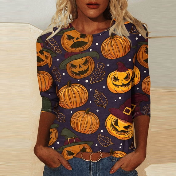 Bzdzmqm Women Oversized Halloween Tops Cute Graphic Pullover Fall Winter 3/4 Sleeve Round Neck Casual Blouses for Women Crew Neck Sweaters for Work Office Daily Wear, Multicolor S
