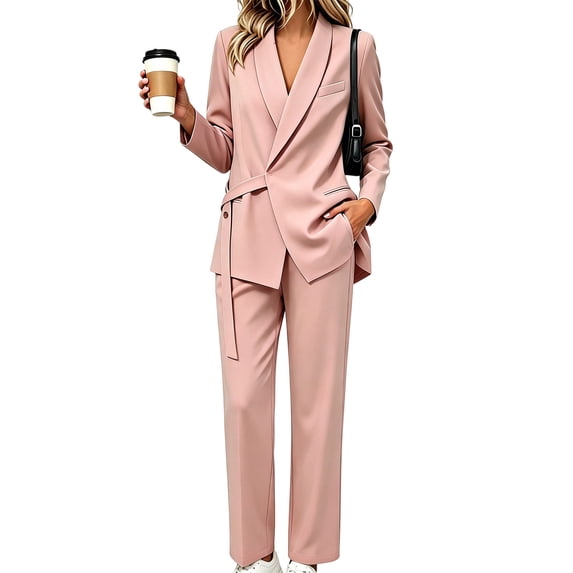 Bzdzmqm Women Plus Size 2 Piece Lounge Set V Neck Long Sleeve Blazer with Matching Wide Leg Pants Solid Business Casual Two Piece Outfit Elegant Work Wear for Office Daily Comfortable Tracksuit, Pink