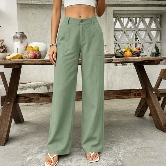 Bzdzmqm Women Wide Leg High Waisted Trousers with Pockets Casual Solid Loose Long Pants Vacation Beach Travel, Green XL